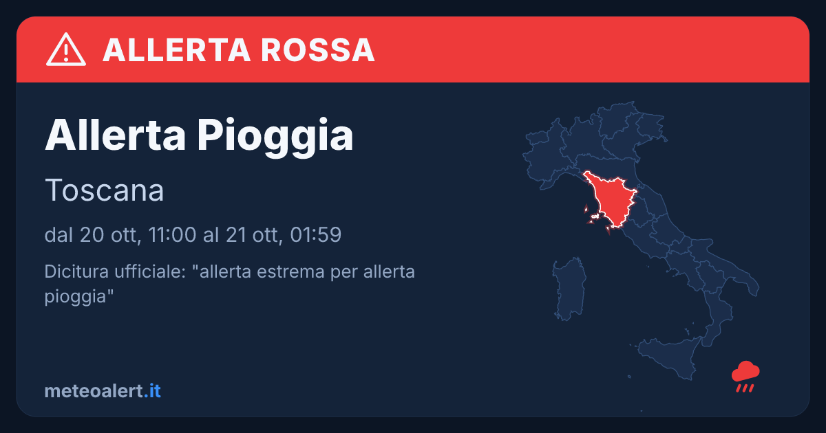 Allerta estrema per pioggia in Toscana: allerta rossa oggi