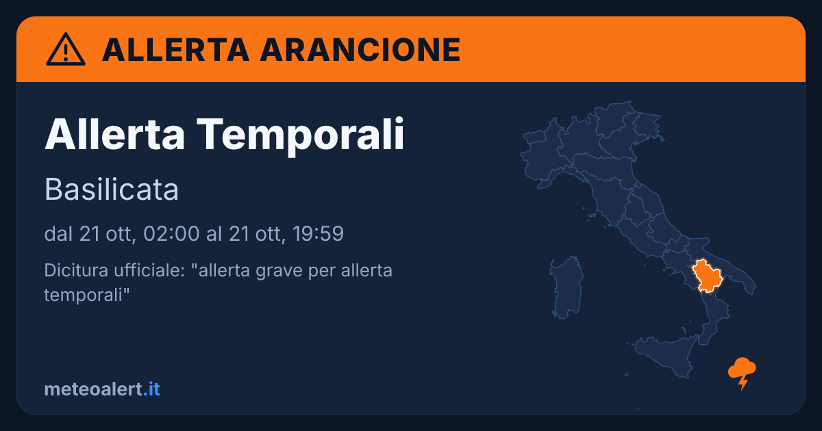 Allerta grave per temporali in Basilicata: allerta arancione oggi