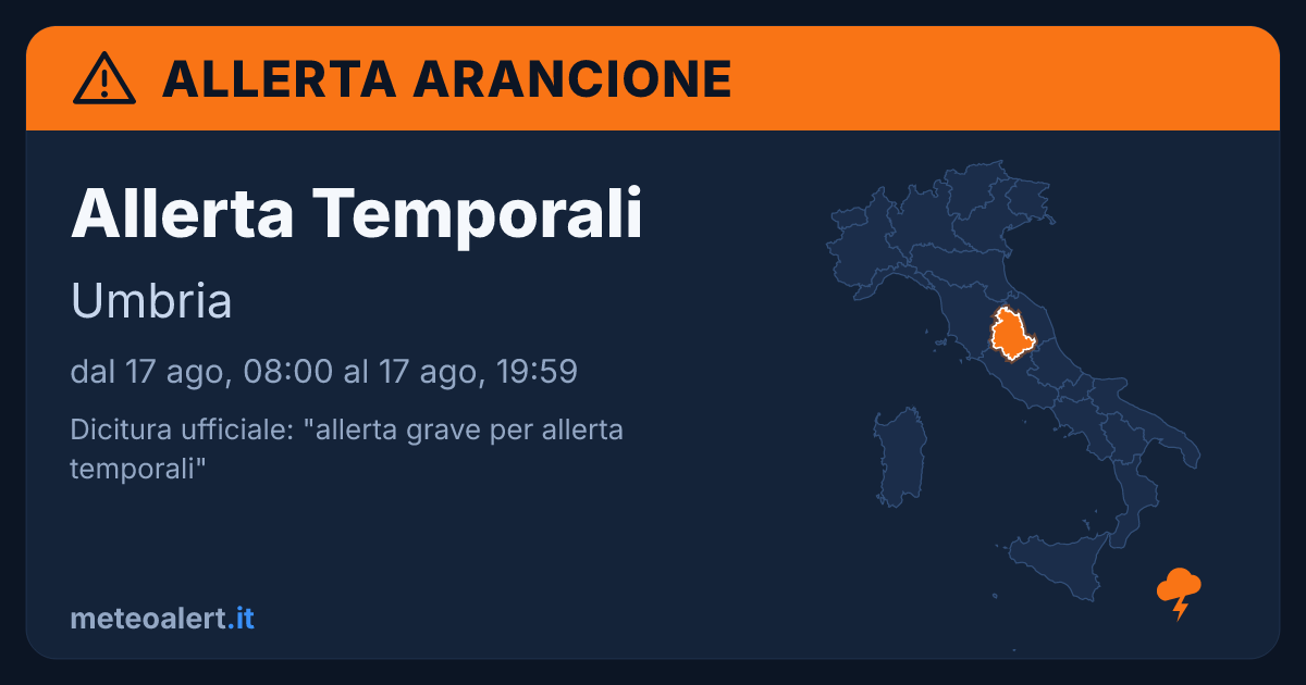 Allerta grave per temporali in Umbria: allerta arancione oggi