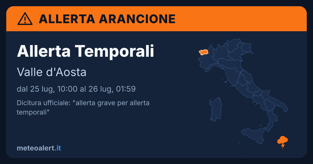 Allerta grave per temporali in Valle d'Aosta: allerta arancione oggi