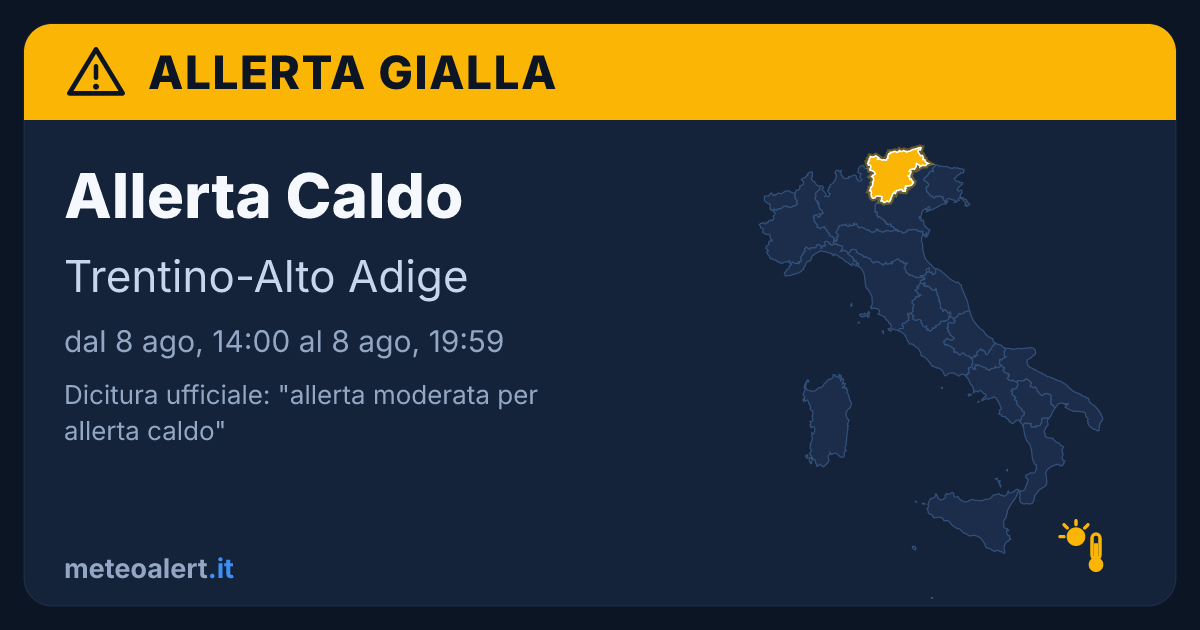 Allerta moderata per allerta caldo in Trentino-Alto Adige: allerta gialla oggi