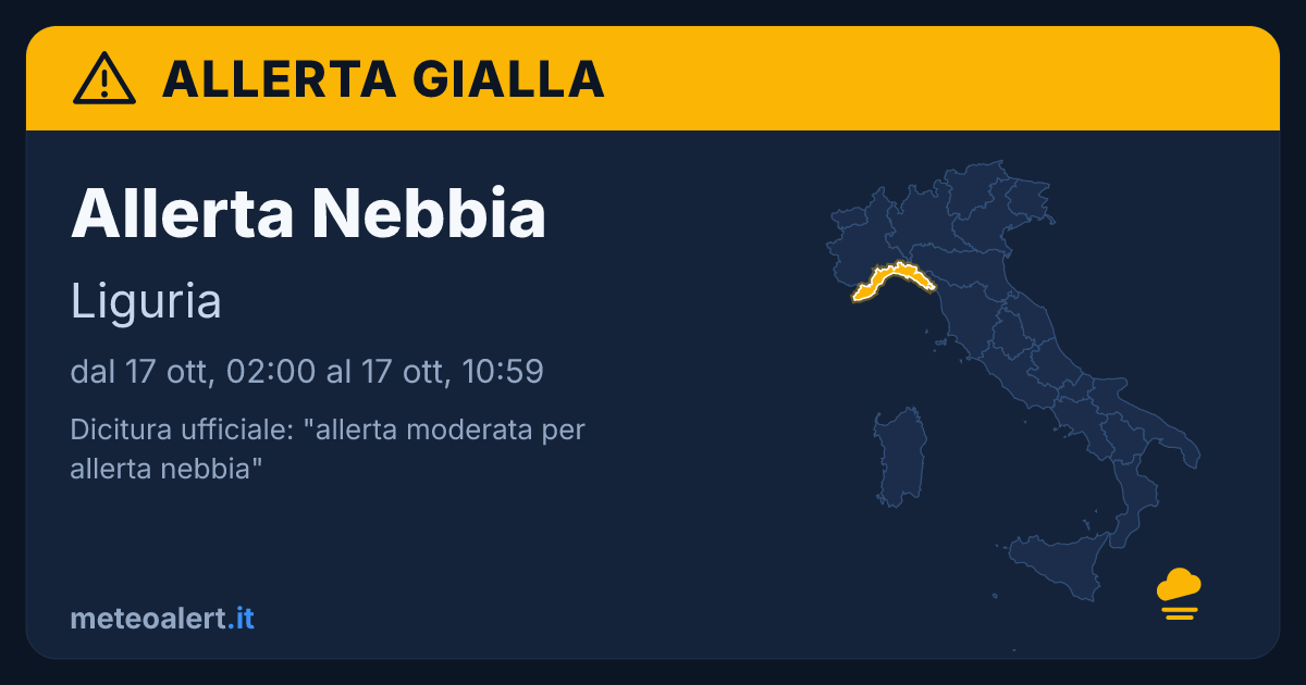 Allerta moderata per allerta nebbia in Liguria: allerta gialla oggi