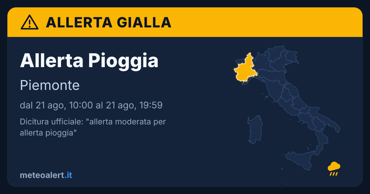 Allerta moderata per allerta pioggia in Piemonte: allerta gialla oggi