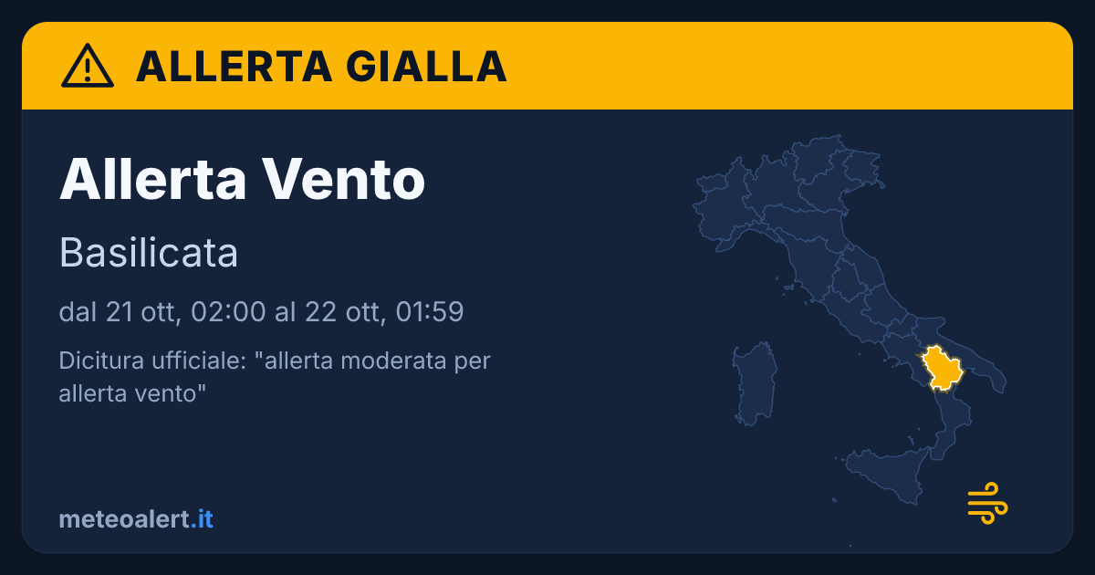 Allerta moderata per allerta vento in Basilicata: allerta gialla oggi