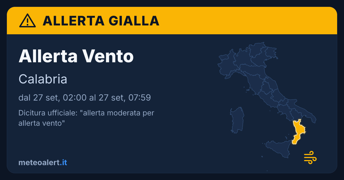 Allerta moderata per allerta vento in Calabria: allerta gialla oggi