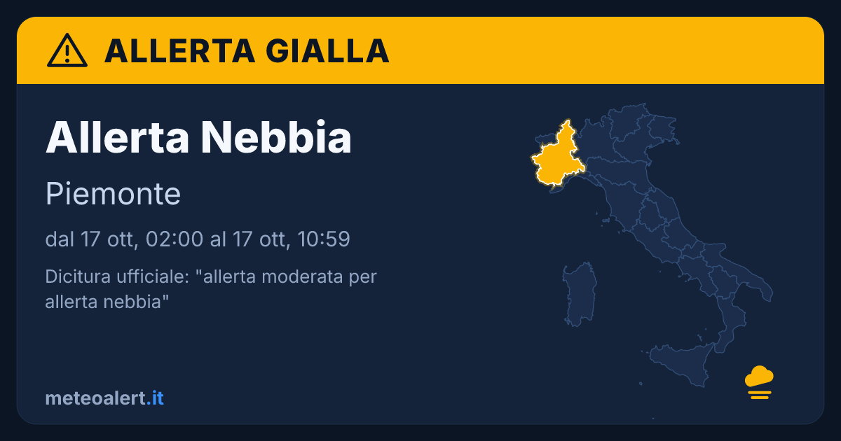 Allerta moderata per nebbia in Piemonte: allerta gialla oggi