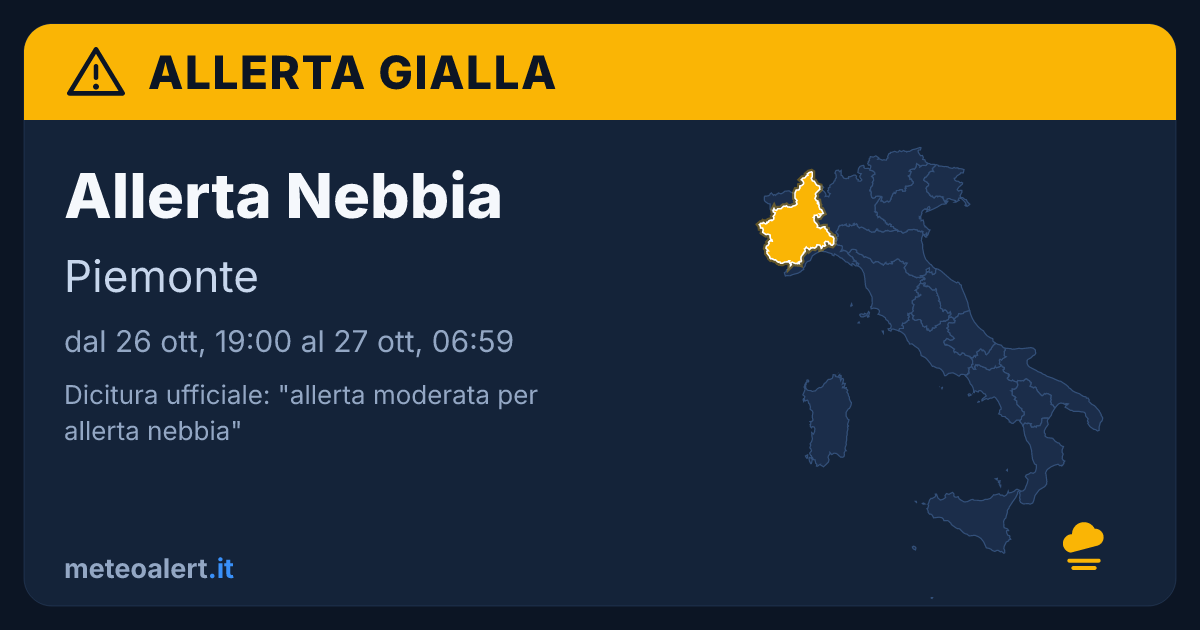 Allerta moderata per nebbia in Piemonte: allerta gialla oggi