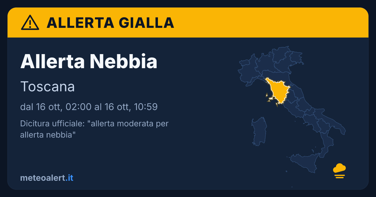 Allerta moderata per nebbia in Toscana: allerta gialla oggi