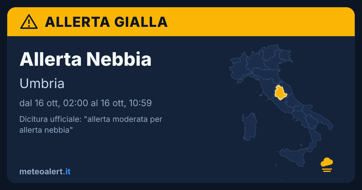 Allerta moderata per nebbia in Umbria: allerta gialla oggi