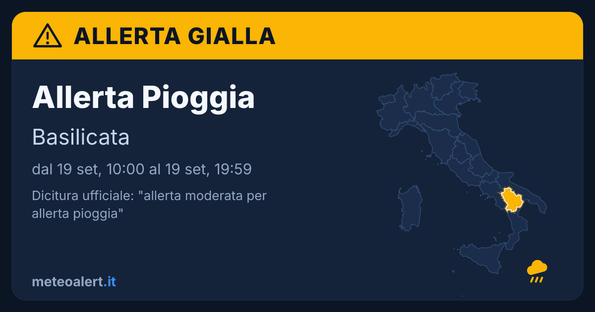 Allerta moderata per pioggia in Basilicata: allerta gialla oggi