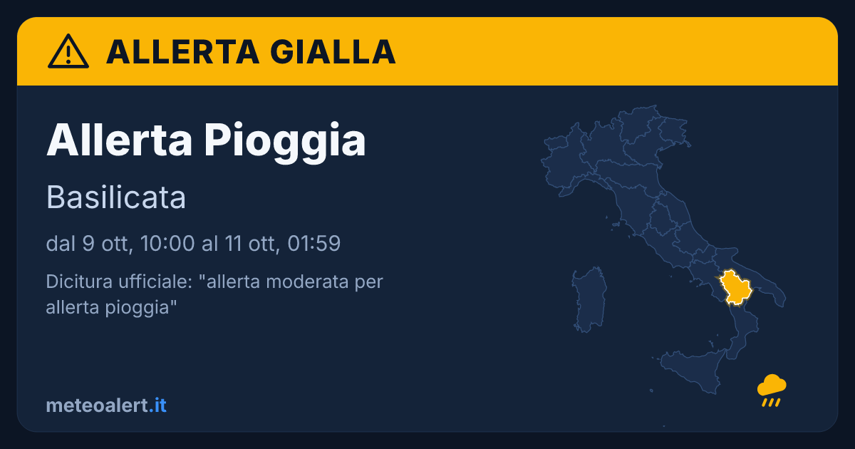 Allerta moderata per pioggia in Basilicata: allerta gialla oggi