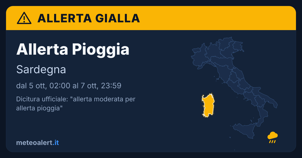 Allerta moderata per pioggia in Sardegna: allerta gialla oggi