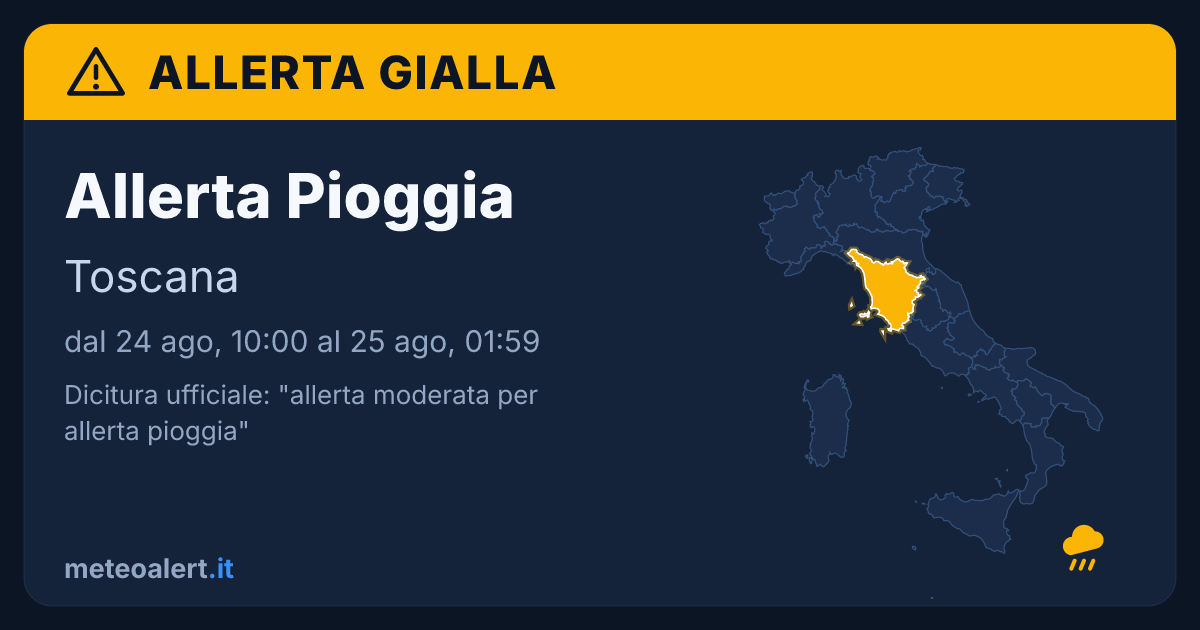 Allerta moderata per pioggia in Toscana: allerta gialla oggi
