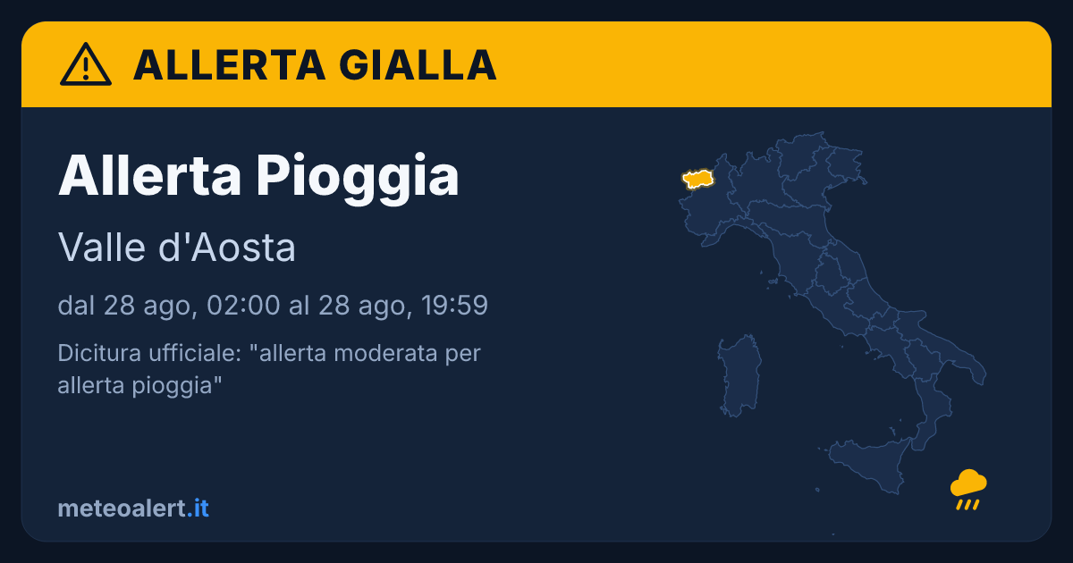 Allerta moderata per pioggia in Valle d'Aosta: allerta gialla oggi