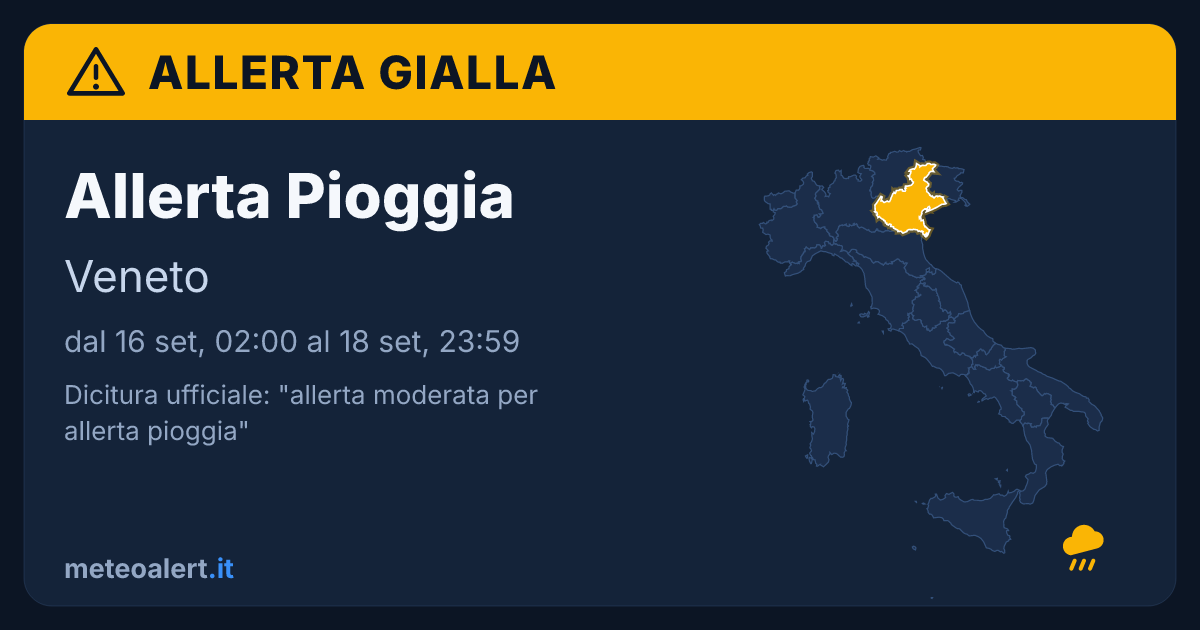 Allerta moderata per pioggia in Veneto: allerta gialla oggi