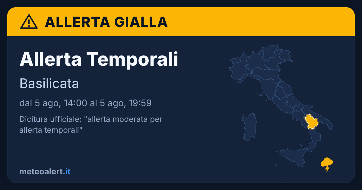 Allerta moderata per temporali in Basilicata: allerta gialla oggi