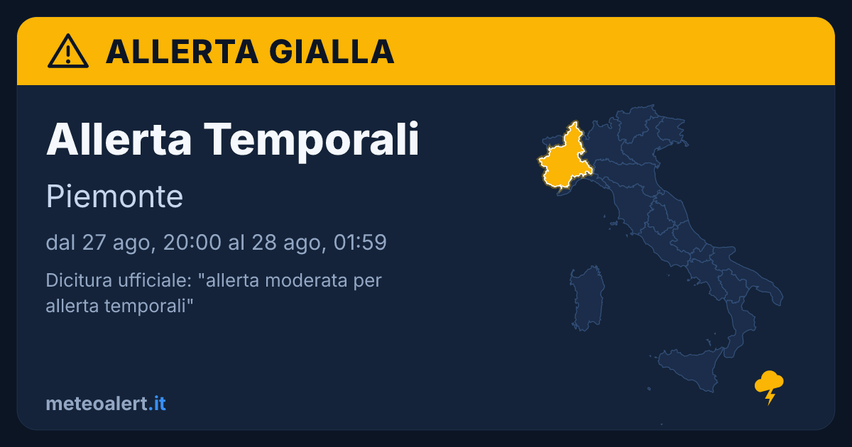 Allerta moderata per temporali in Piemonte: allerta gialla oggi