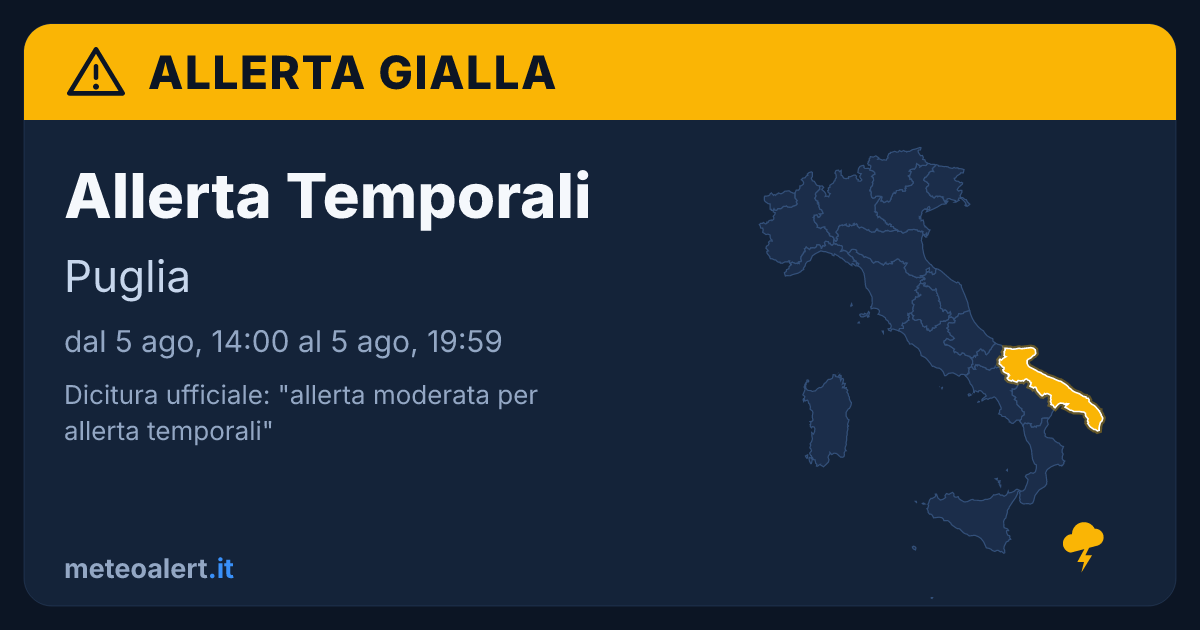 Allerta moderata per temporali in Puglia: allerta gialla oggi