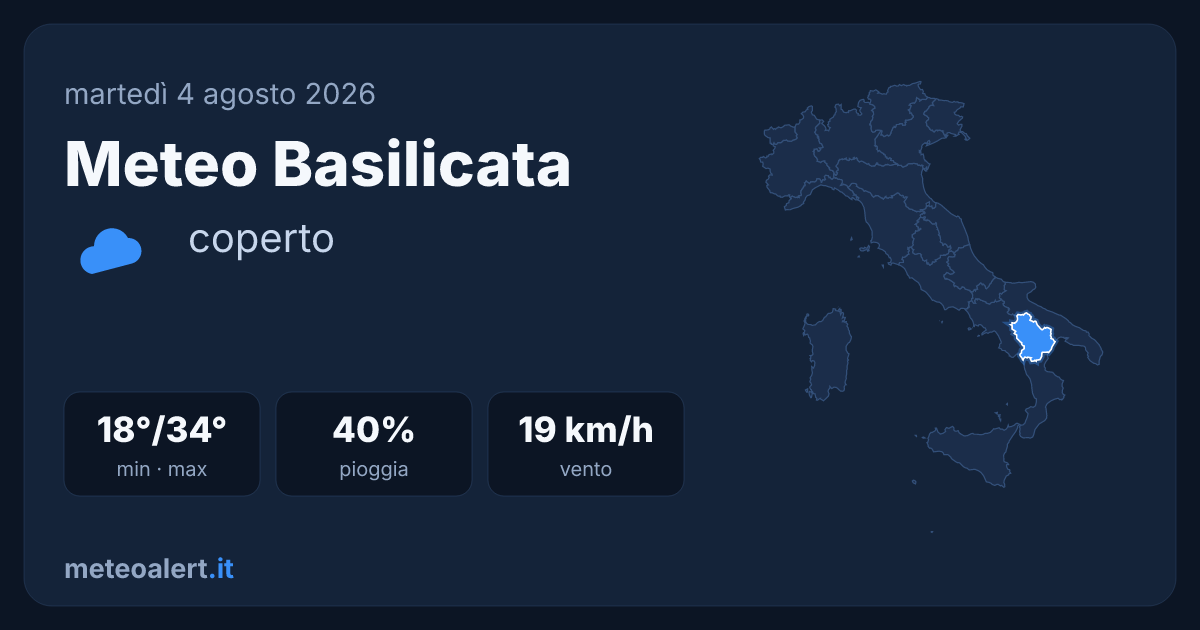 Meteo Basilicata oggi: coperto, 34°C con rischio temporali