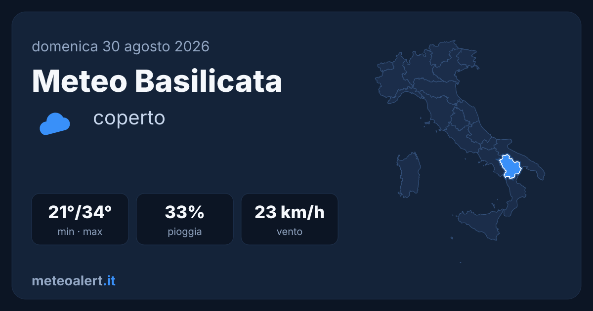 Meteo Basilicata oggi: coperto, 21-34°C, caldo intenso