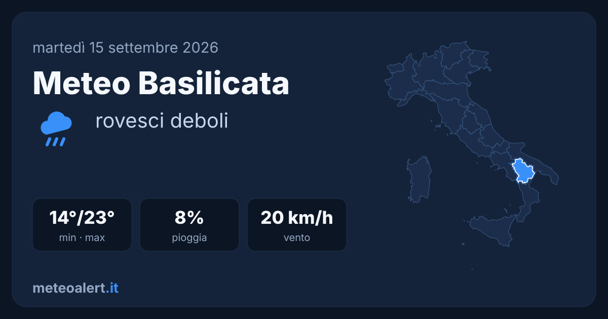 Meteo Basilicata: rovesci deboli, 14-23°C martedì 15 settembre