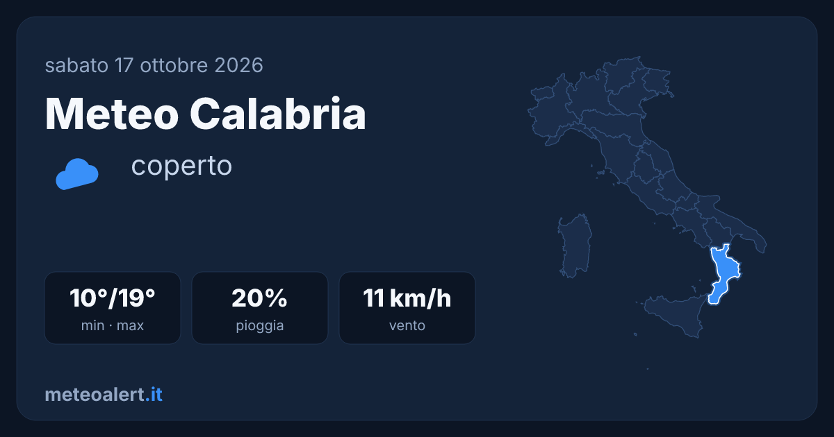 Meteo Calabria sabato 17 ottobre: coperto, 10-19°C