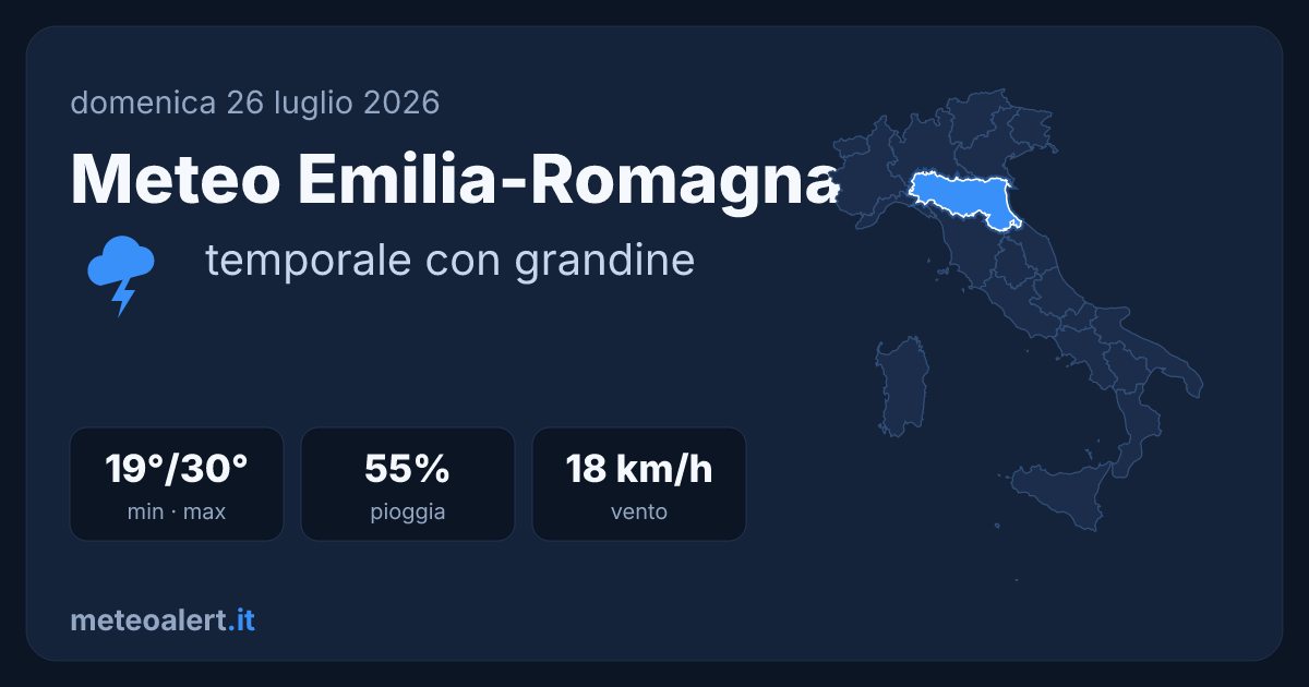 Meteo Emilia-Romagna: temporali con grandine, 19-30°C