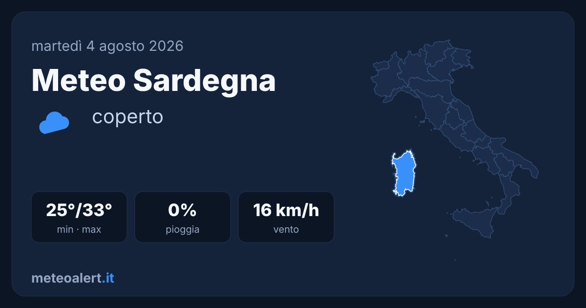 Meteo Sardegna oggi: cielo coperto, 25-33°C, vento moderato