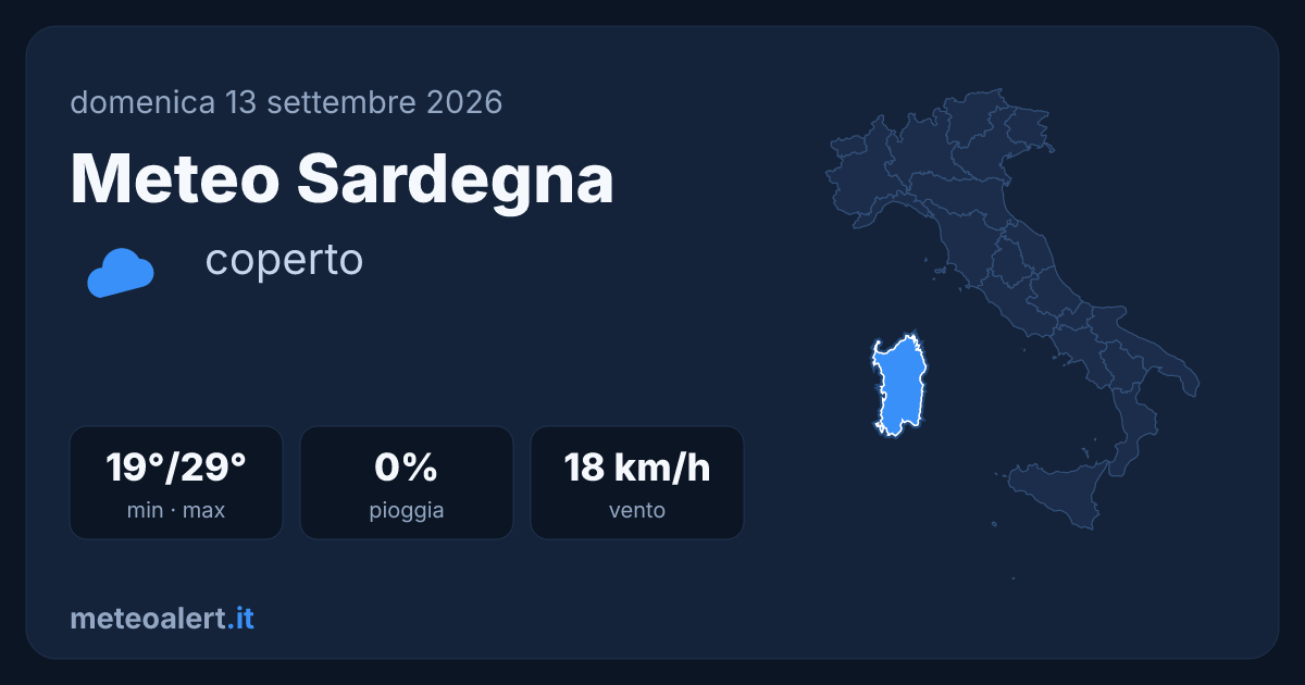 Meteo Sardegna oggi: coperto, 19-29°C e vento moderato
