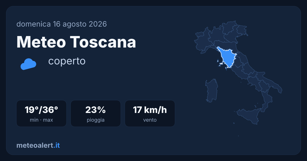 Meteo Toscana oggi: coperto, 36°C max e rischio temporali