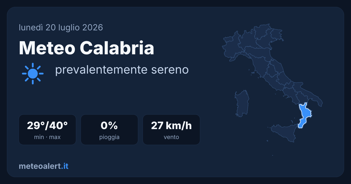 Meteo Calabria oggi: parzialmente nuvoloso e molto caldo, 40°C